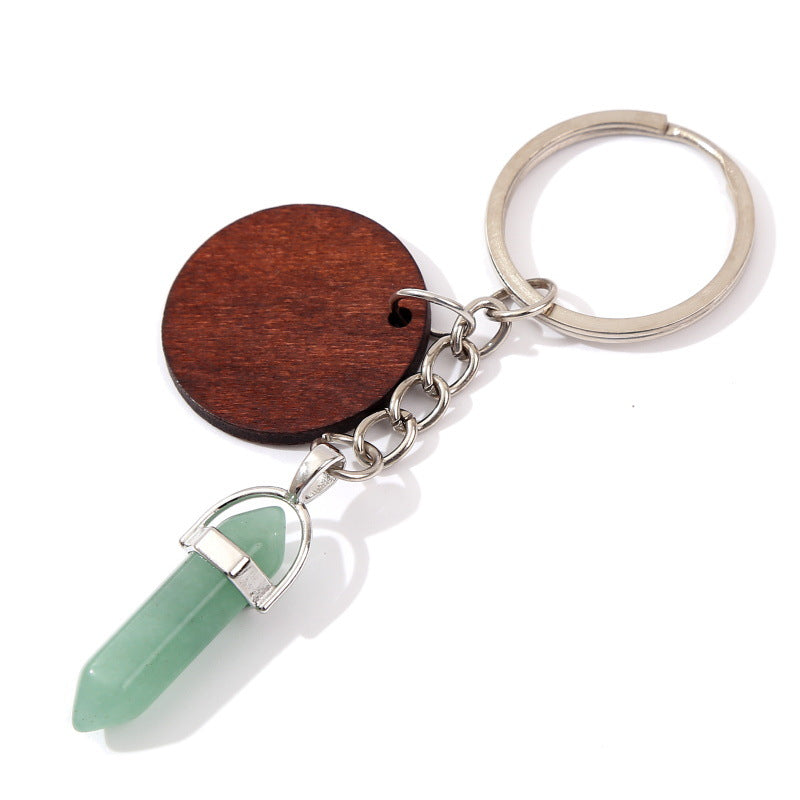 Wholesale Stone Crystal Hexagonal Pillar Round Wood Chip Keychain